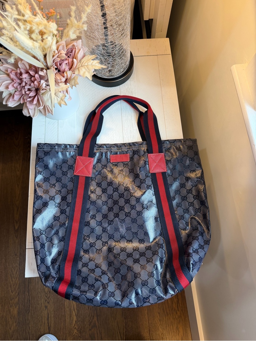 Gucci GG Crystal PVC tote bag with red and navy web handles